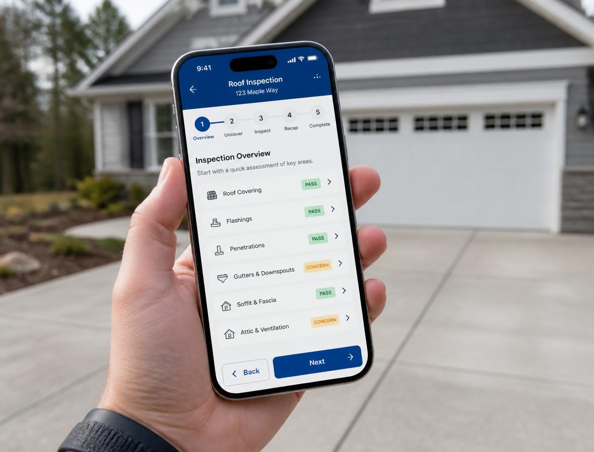 Phone showing the PointView.ai inspection checklist in front of a house