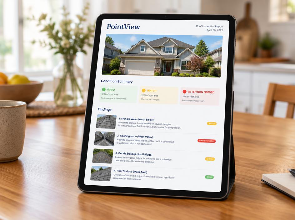 A PointView.ai homeowner roof report open on a tablet on a kitchen table