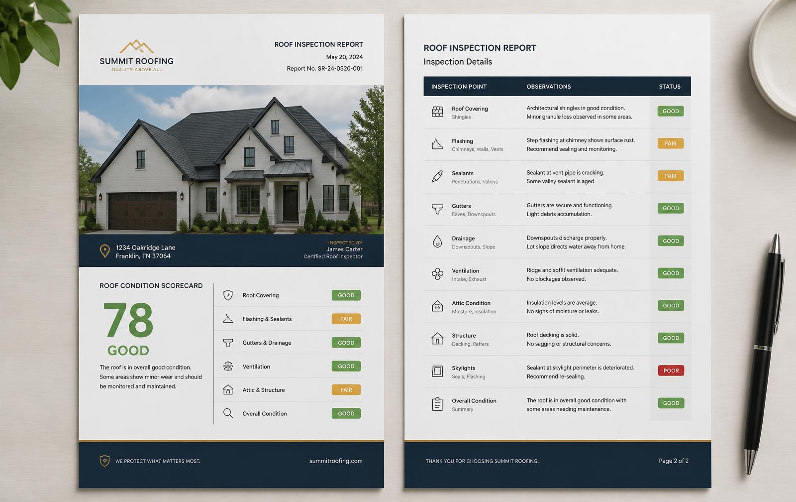 Roof inspection report cover page with property photo and condition summary